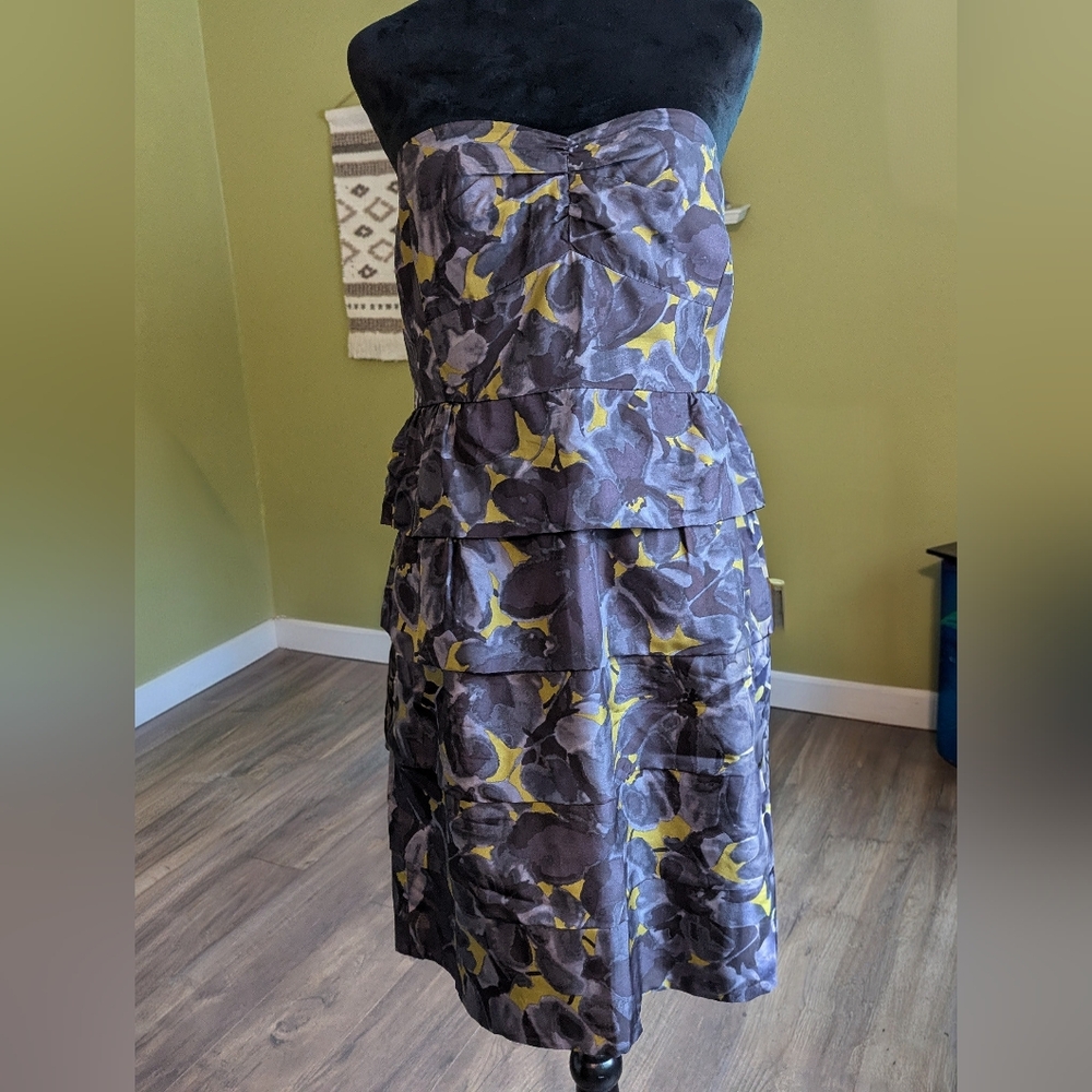 J. Crew Strapless Tiered Floral Dress In Purple And Yellow. 💯% Silk. Size 14.